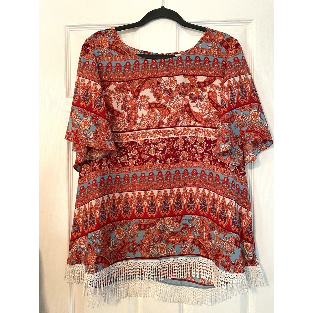 est 1946 womens top Orange Multi Design 70's Fringe 14/16W XLG Tunic Aztec